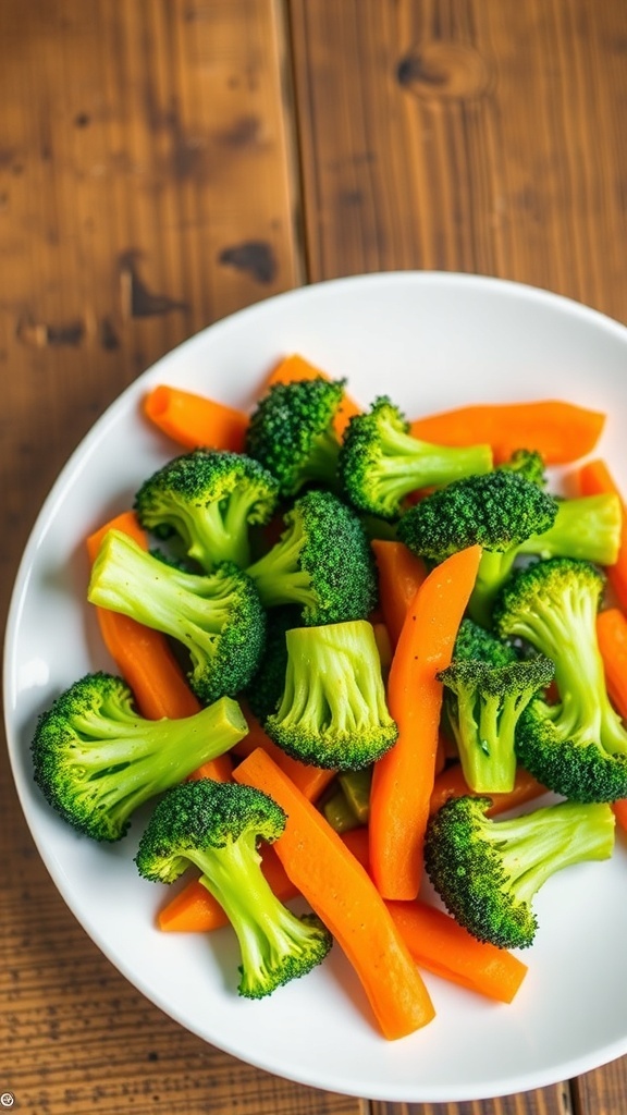 Air Fryer Broccoli and Carrots Recipe A colorful plate of air-fried broccoli and carrots, garnished with herbs, on a rustic wooden table.